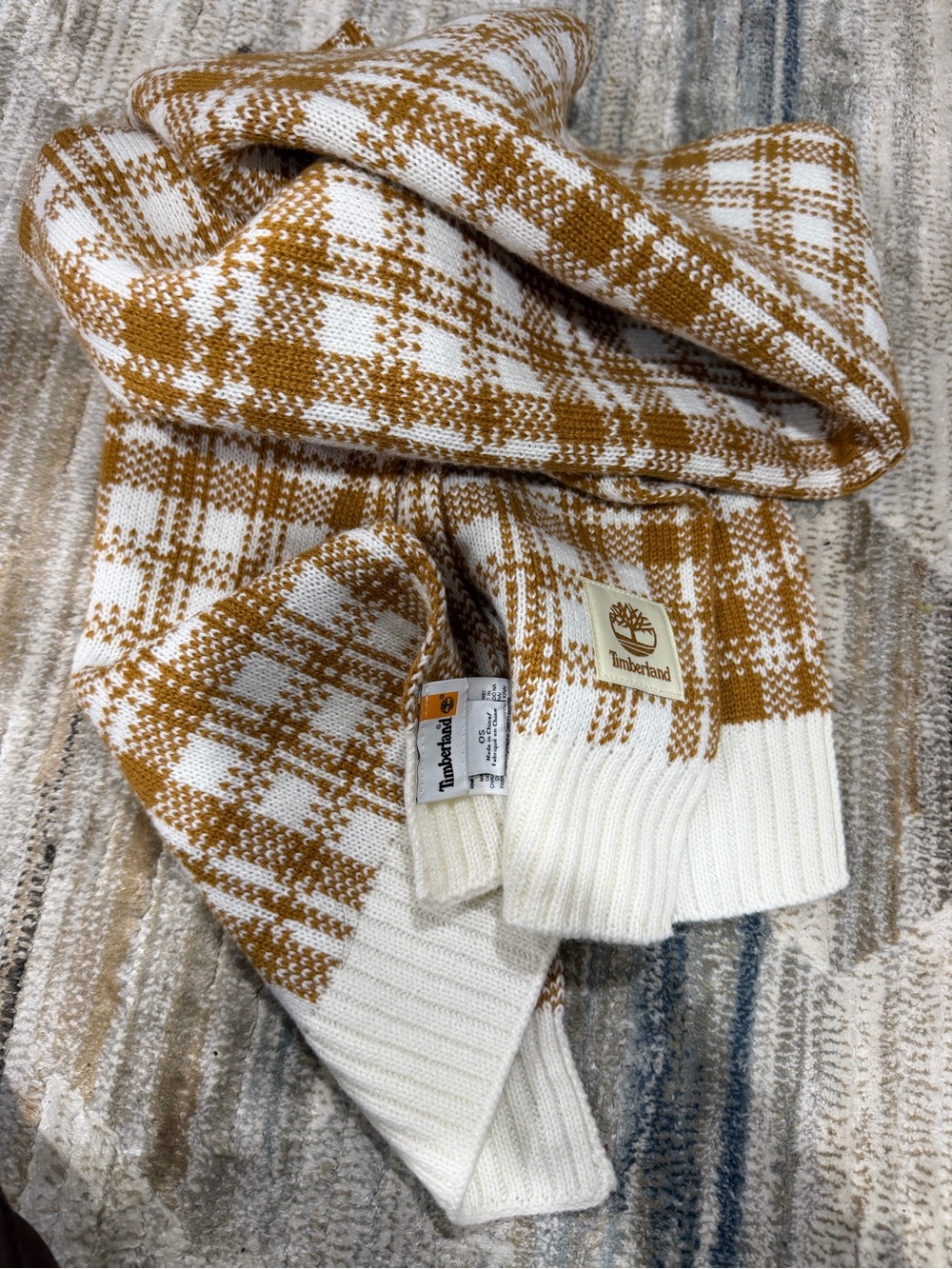 Timberland Men's White and Mustard Plaid Cardigan Sweater